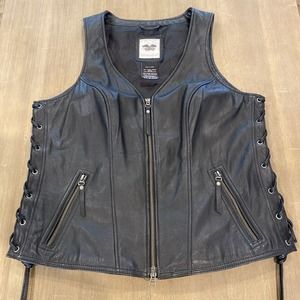 Harley Davidson Women’s Black Leather Vest RN 103819 CA 03402 Size L (READ)